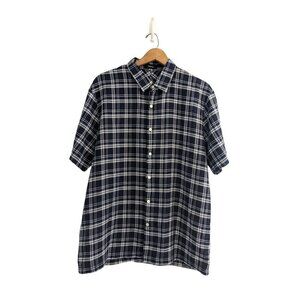 Theory Neo Woven Linen Short Sleeve Plaid Checkered Shirt Size L